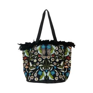 Sam Edelman shoulder bag purse black embroidered jute colorful floral fringe